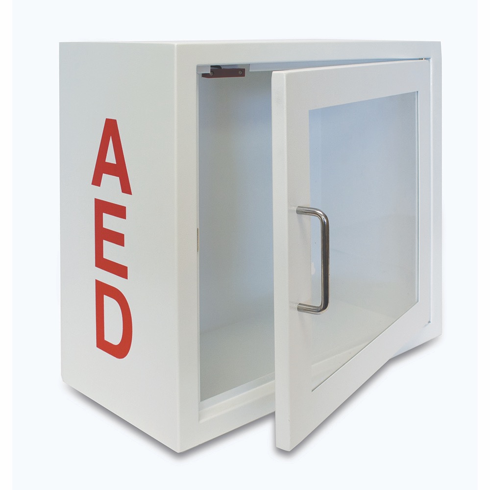 AED Alarmed Metal Storage Cabinet, White/Glass/Alarmed