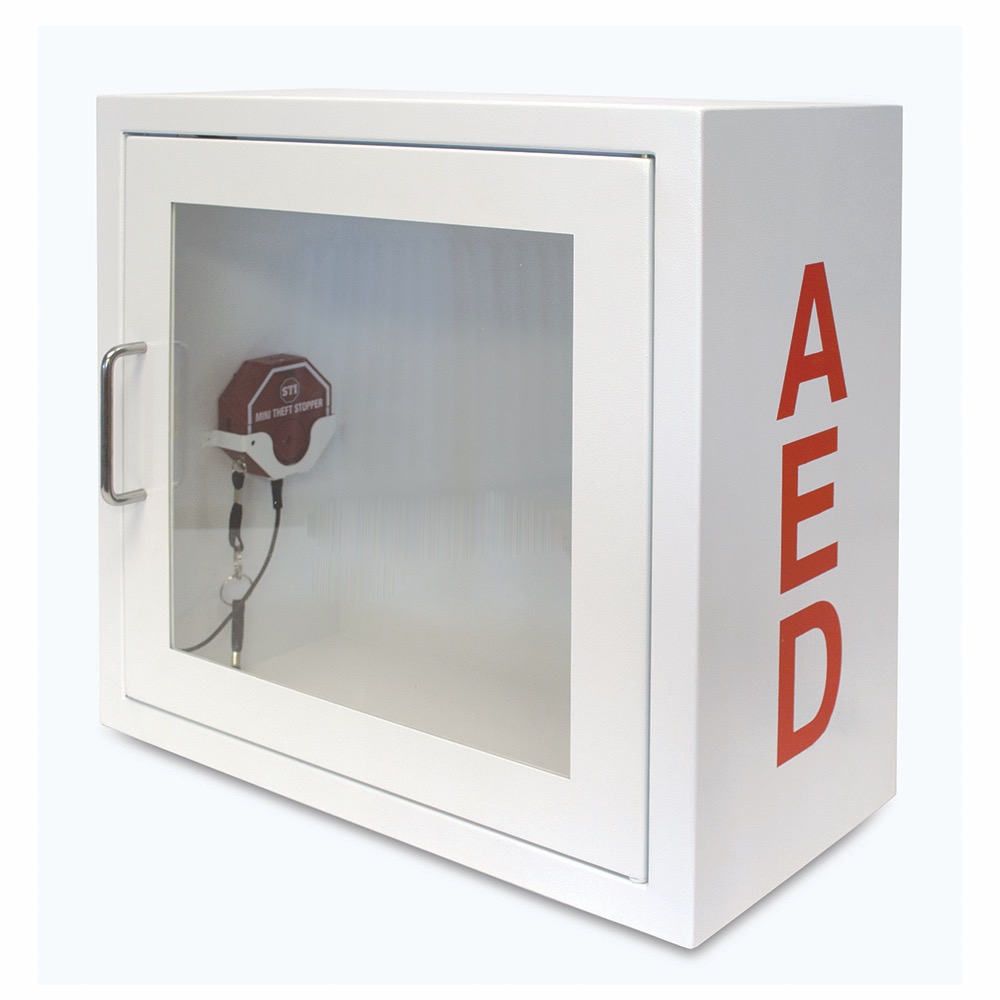 AED Alarmed Metal Storage Cabinet, White/Glass/Alarmed