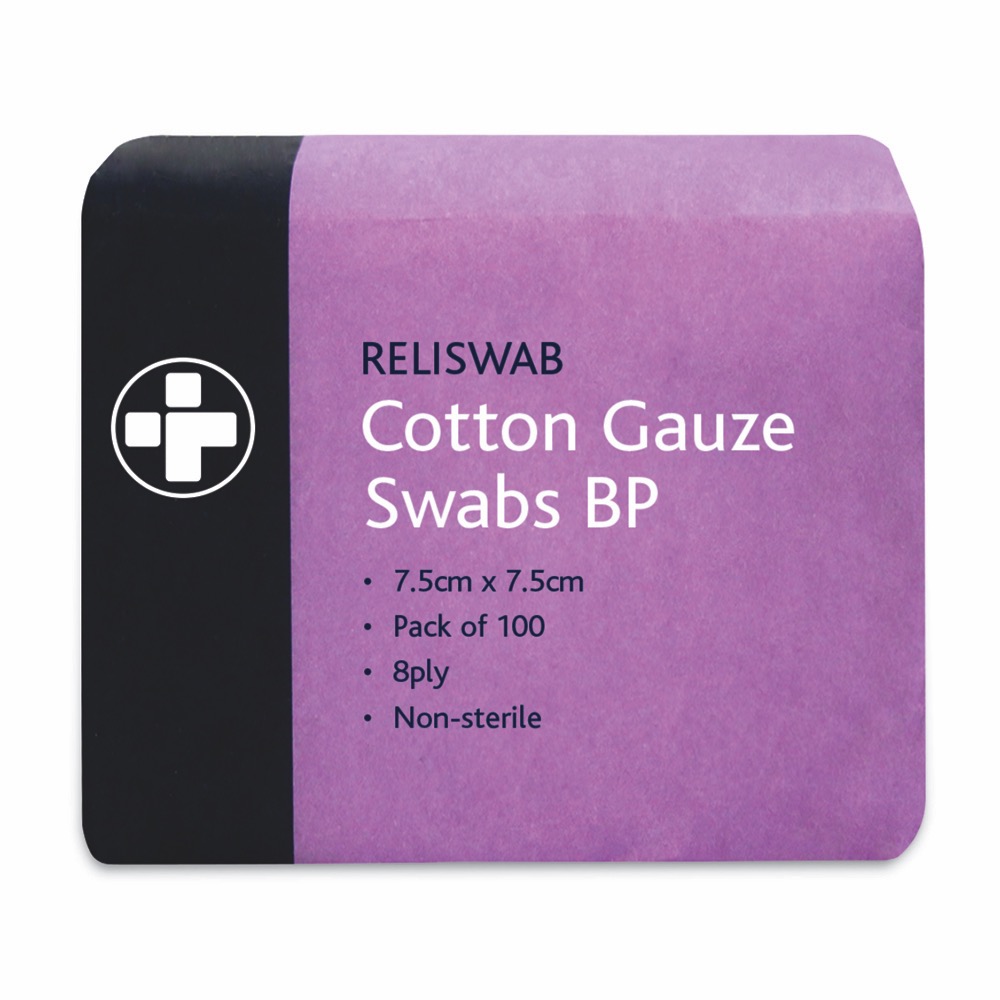 Reliswab -  BP Non-Sterile, 8ply Non-Sterile, 7.5cm x 7.5cm , 5 Pack of 100