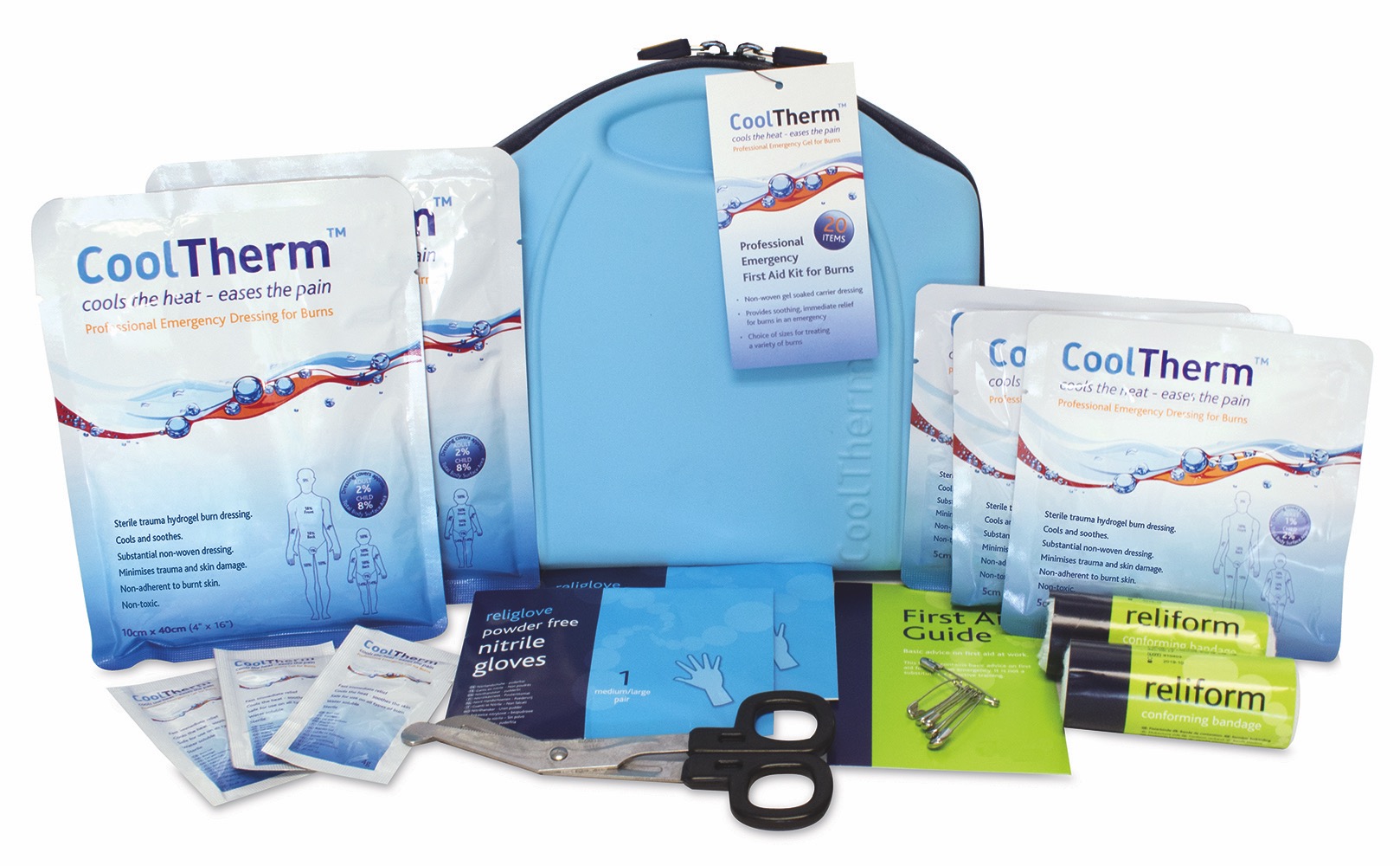 Professional First Aid Kit for Burns, in Blue Soft Aura Box, 20.5cmH x 21cmW x 6.5cmD, 1 x  Single Unit