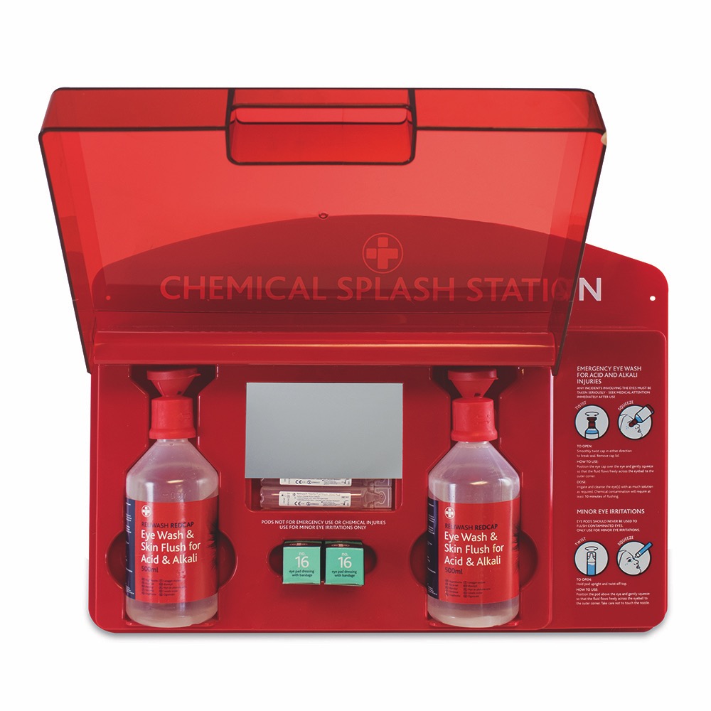 Chemical Splash Station, Red/Clear Lid, 36cmH x 51cmW x 10cmD, 1 x  Single Unit