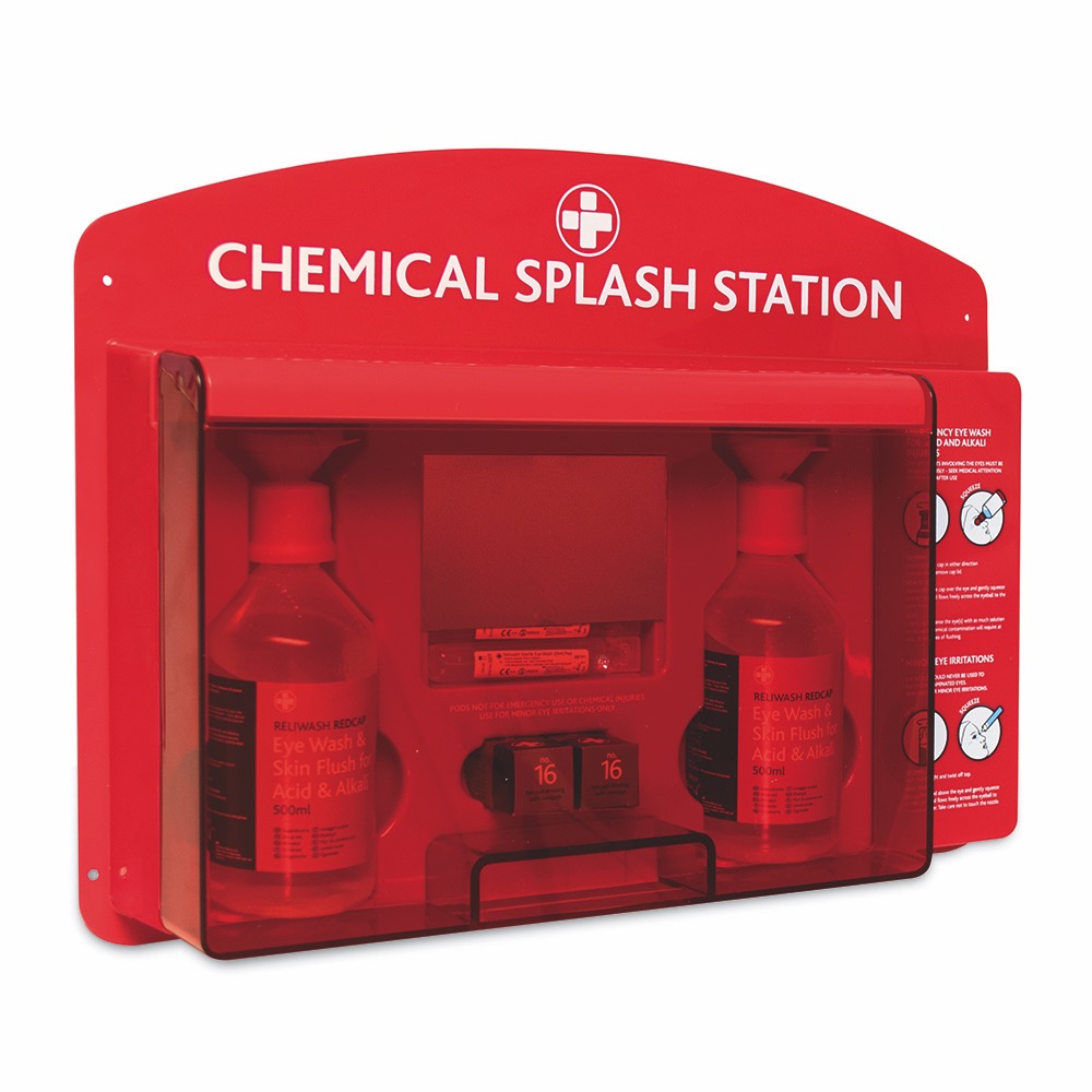 Chemical Splash Station, Red/Clear Lid, 36cmH x 51cmW x 10cmD, 1 x  Single Unit