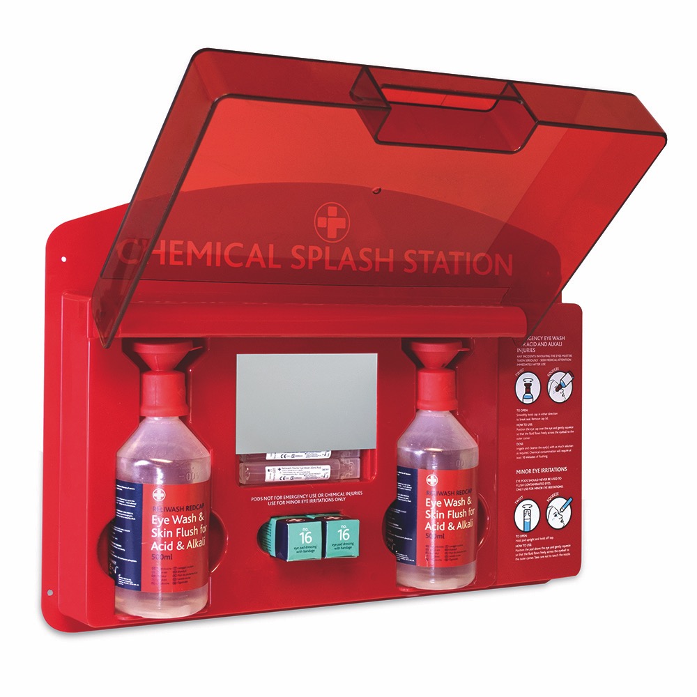 Chemical Splash Station, Red/Clear Lid, 36cmH x 51cmW x 10cmD, 1 x  Single Unit