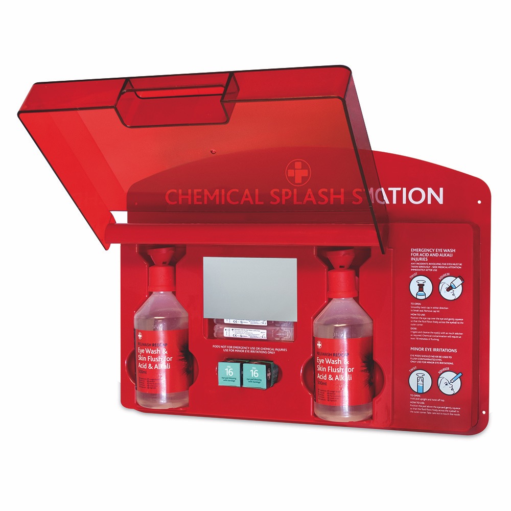 Chemical Splash Station, Red/Clear Lid, 36cmH x 51cmW x 10cmD, 1 x  Single Unit