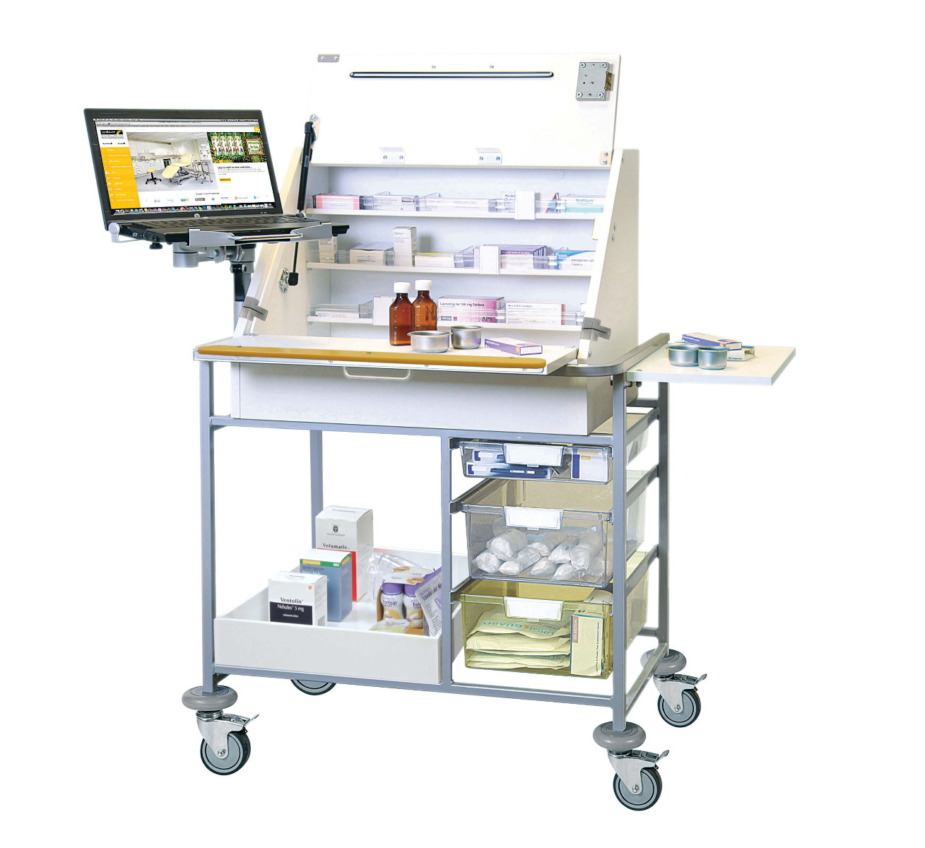 Sunflower Large EPMA Ward Drug Trolley with Laptop Arm & Bracket, Trays and Bottom Shelf