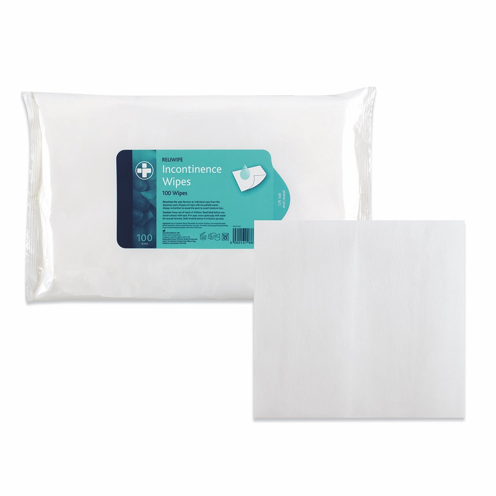 Reliwipe Incontinence Wipes, Resealable pack, 30cm x 25cm, 8 Pack of 100