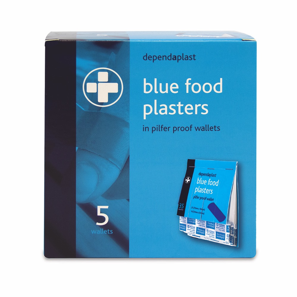 Dependaplast Blue Pilfer Proof Plasters, Pilfer Proof, 21 	7.2cm x 1.9cm
14 	7.2cm x 2.5cm, 1 x  Box of 5