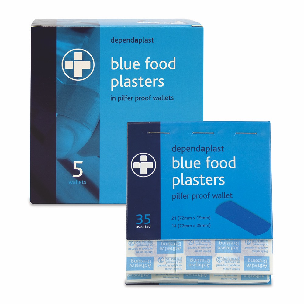 Dependaplast Blue Pilfer Proof Plasters, Pilfer Proof, 21 	7.2cm x 1.9cm
14 	7.2cm x 2.5cm, 1 x  Box of 5