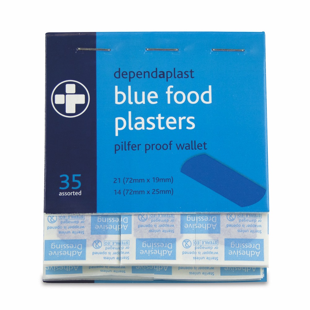 Dependaplast Blue Pilfer Proof Plasters, Pilfer Proof, 21 	7.2cm x 1.9cm
14 	7.2cm x 2.5cm, 1 x  Box of 5