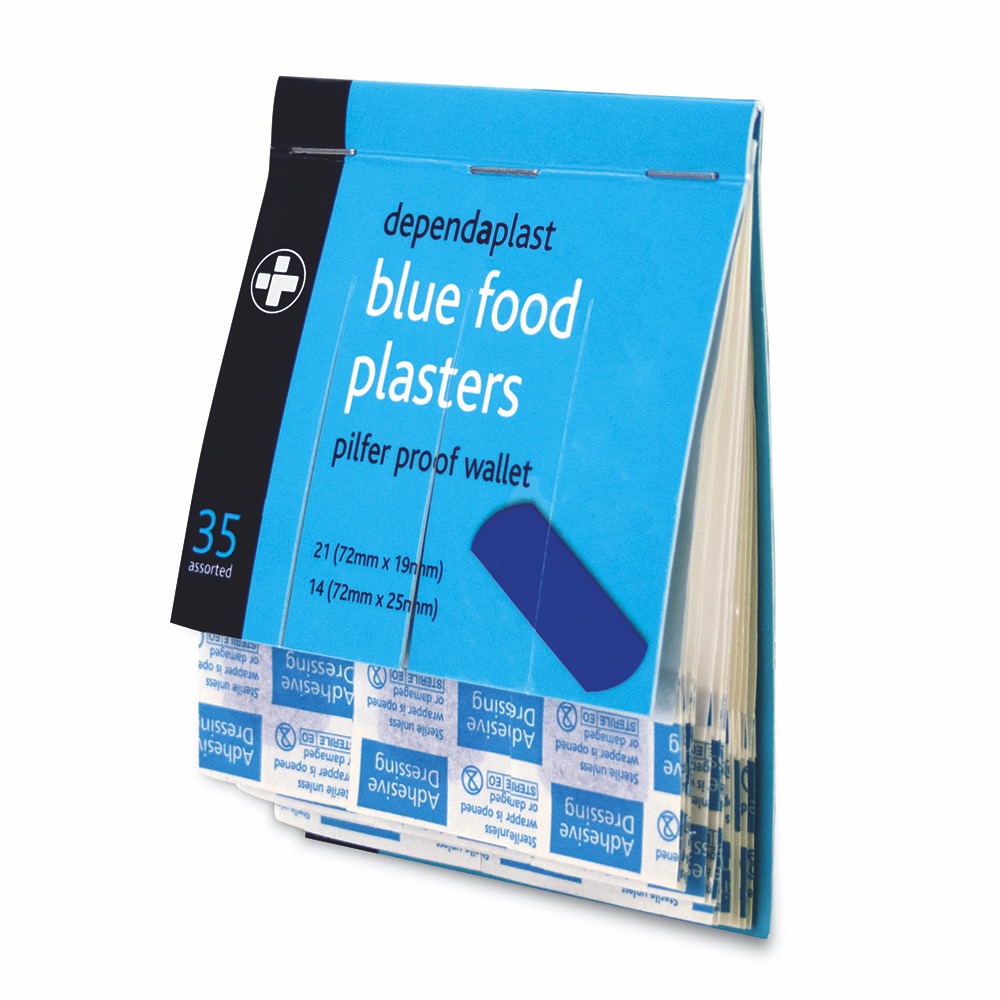 Dependaplast Blue Pilfer Proof Plasters, Pilfer Proof, 21 	7.2cm x 1.9cm
14 	7.2cm x 2.5cm, 1 x  Box of 5