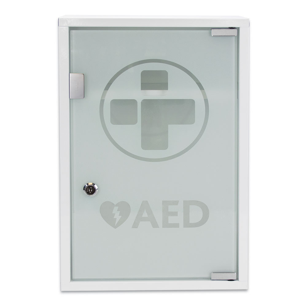 AED Alarmed Metal Cabinet with Shelf, White/Glass/Alarmed