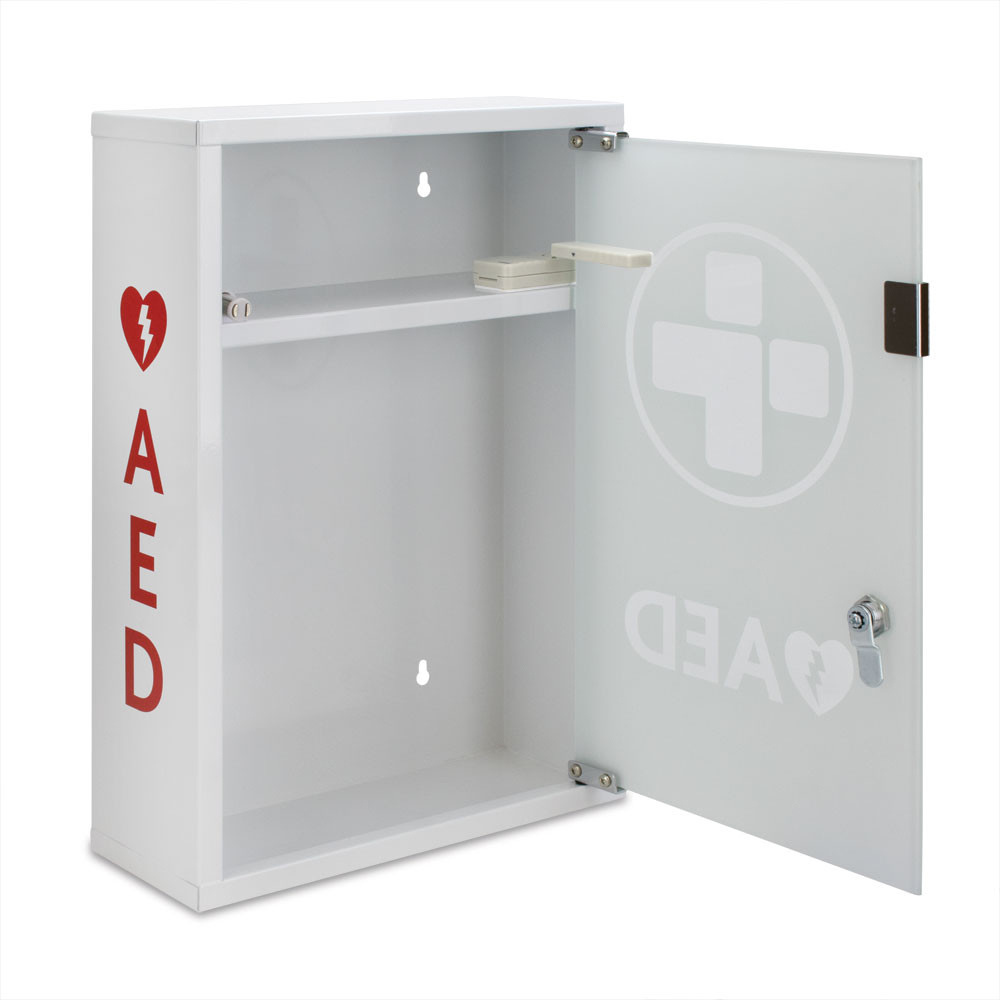 AED Alarmed Metal Cabinet with Shelf, White/Glass/Alarmed