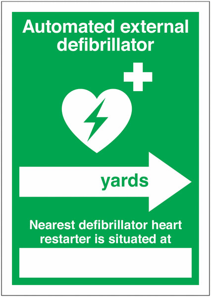 AED Xtra-Glo Nearest Defib (Yards, right arrow), Rigid, 148 x 210mm, 1 x  Single Unit