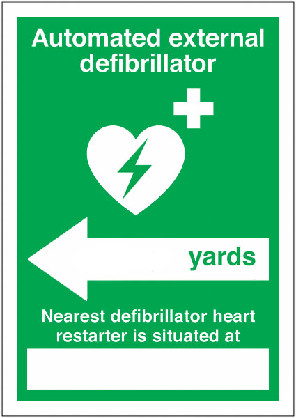 AED Xtra-Glo Nearest Defib (Yards, left arrow), Vinyl, 148 x 210mm, 1 x  Single Unit