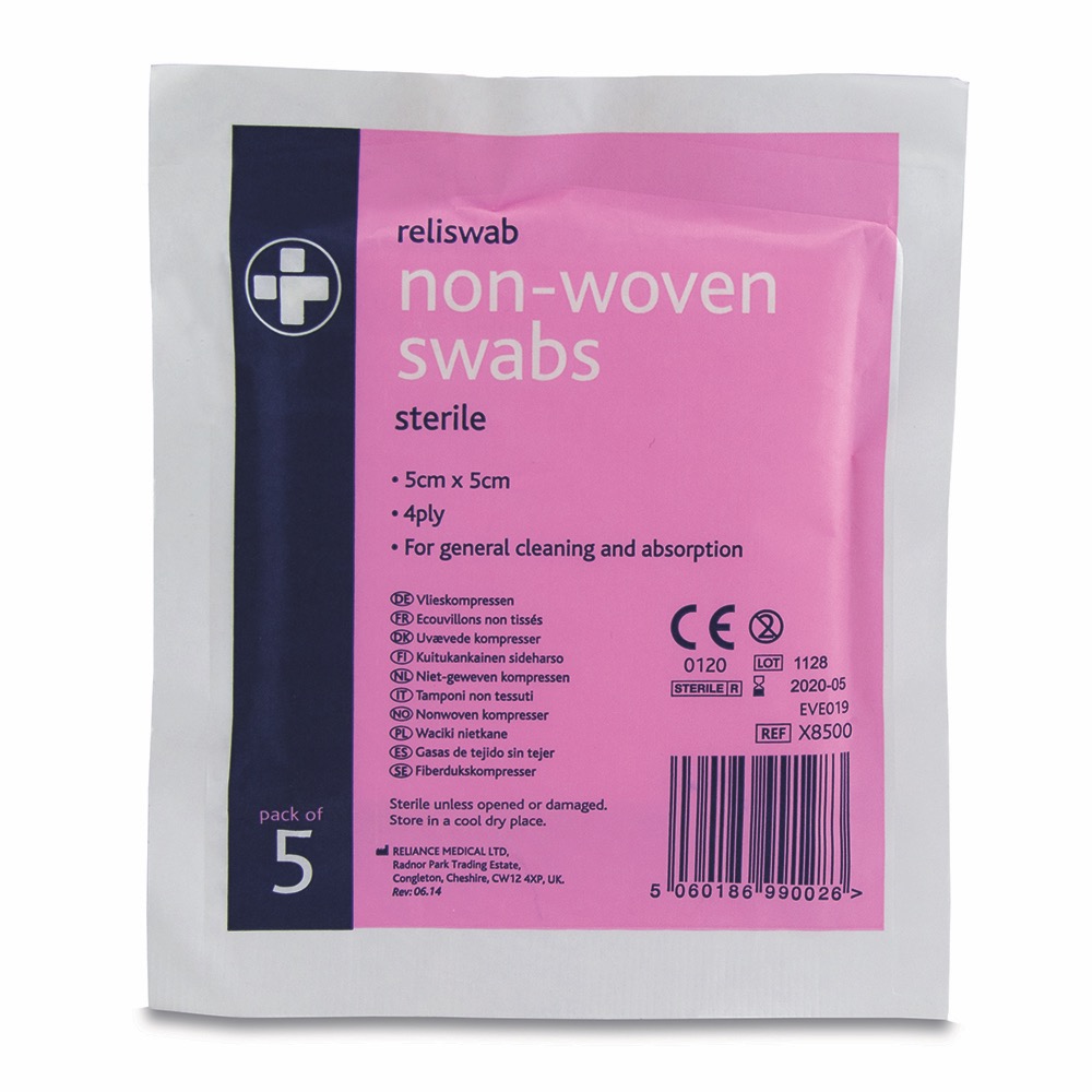 Reliswab Swabs Non-Woven, Sterile 4ply , 5cm x 5cm , 5 Pack of 5