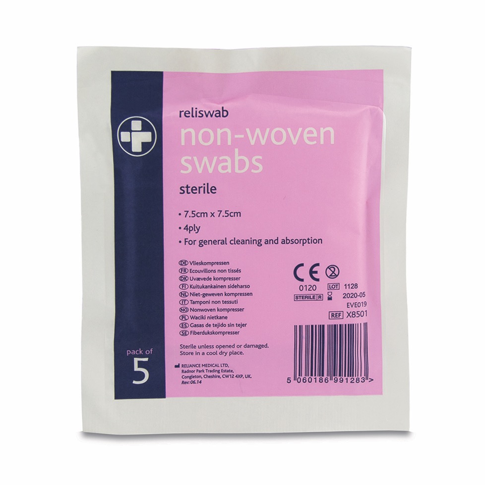 Reliswab Swabs Non-Woven, Sterile 4ply , 7.5cm x 7.5cm, 5 Pack of 5