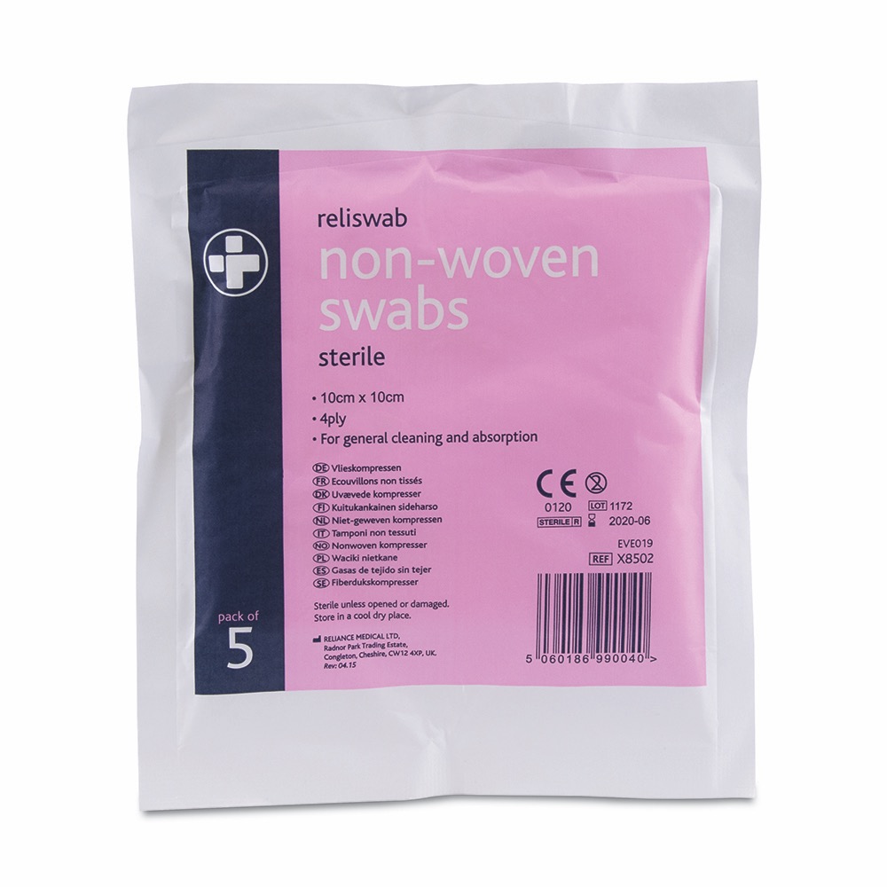 Reliswab Swabs Non-Woven, Sterile 4ply , 10cm x 10cm, 5 Pack of 5